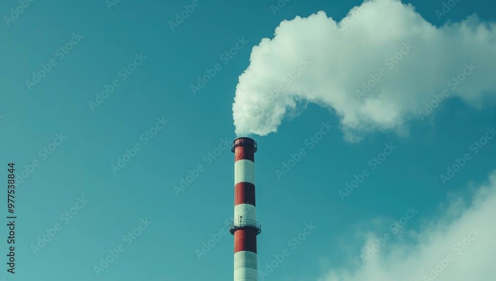 A smokestack with white and gray plumes of smoke against the blue sky, representing the concept of air pollution Generative AI A smokestack with white and gray plumes of smoke against the blue sky, representing the concept of air pollution Generative AI