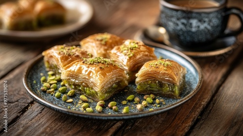 Turkish coffee and pistachio baklava make for a delicious break. One of the most well-liked Turkish cuisine tastes is baklava with pistachios. blending Turkish coffee with pistachio flavor.