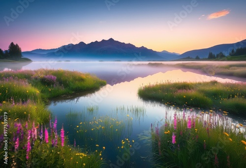 vibrant landscape showcasing first light dawn rich colors lush elements nature, sky, sunrise, clouds, trees, grass, water, reflection, mountains, horizon