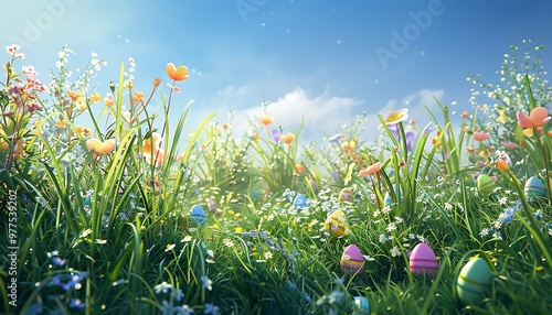 An outdoor Easter egg hunt scene with colorful eggs hidden among tall grasses and blooming flowers with a clear blue sky overhead and soft sunlight illuminating the scene