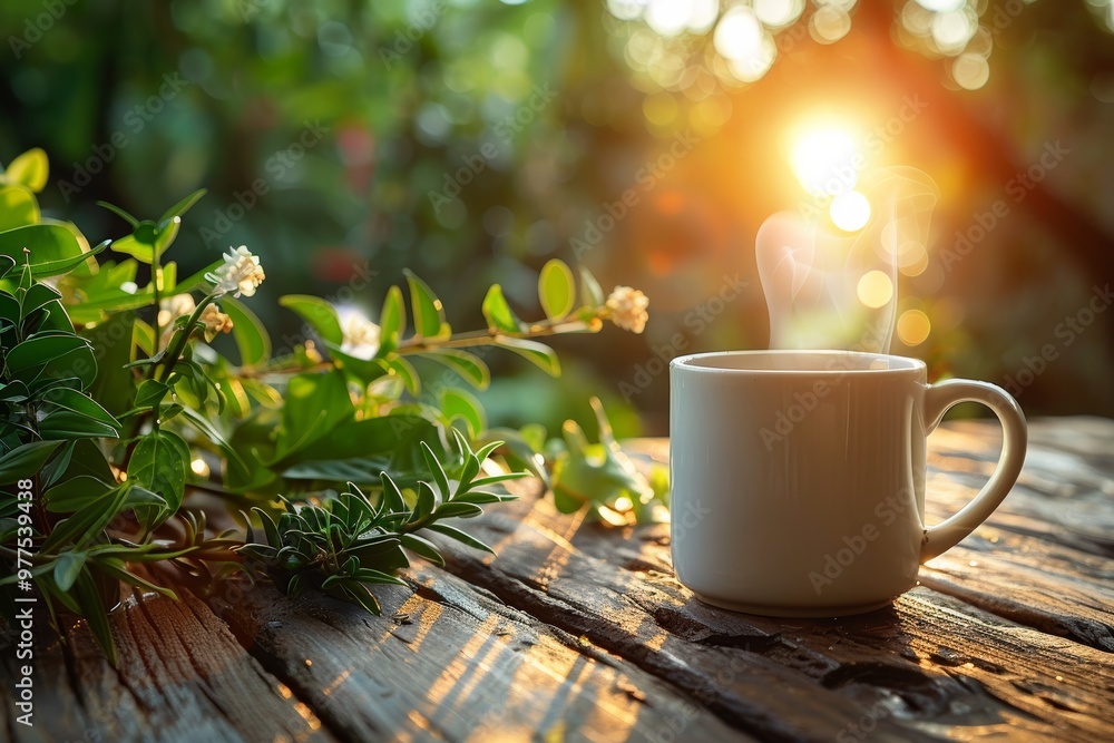 Tranquil outdoor scene featuring a white coffee cup with steam on a wooden table Tranquil outdoor scene featuring a white coffee cup with steam on a wooden table