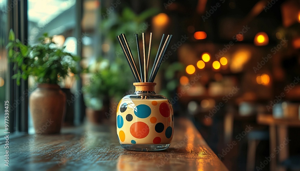 Fototapeta premium Artistic Reed Diffuser with Colorful Abstract Patterns in a Trendy Cafe, reed diffuser with vibrant, abstract patterns in a trendy cafe setting, aroma reed diffuser