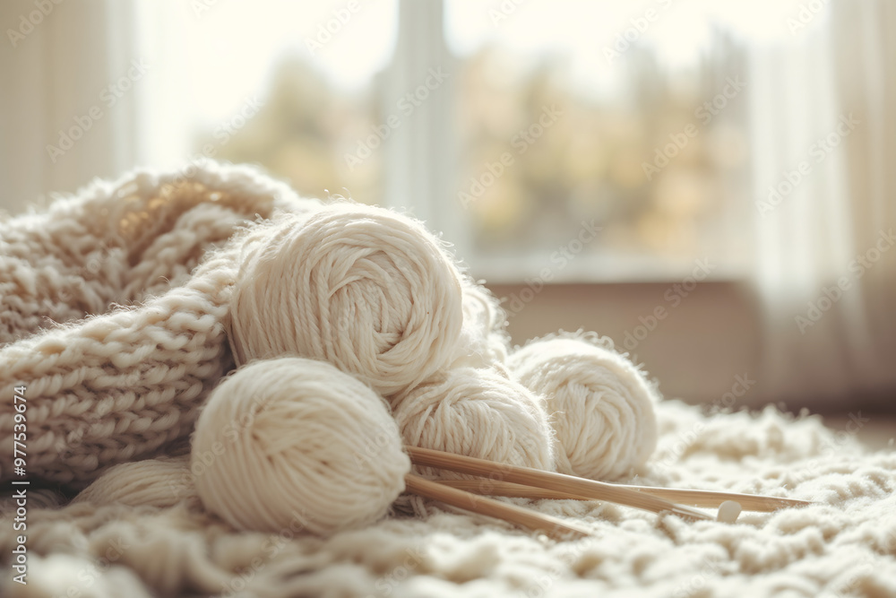 Knitting needles with white yarn and wool blanket by window Knitting needles with white yarn and wool blanket by window