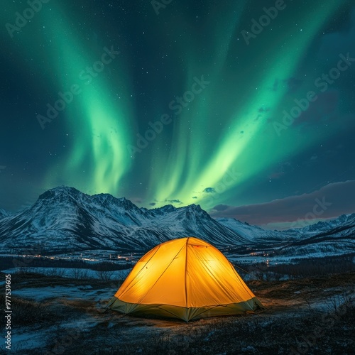 Glowing Yellow Tent Under Aurora and Starry Night Sky