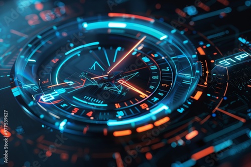 A digital clock with a blue and orange background