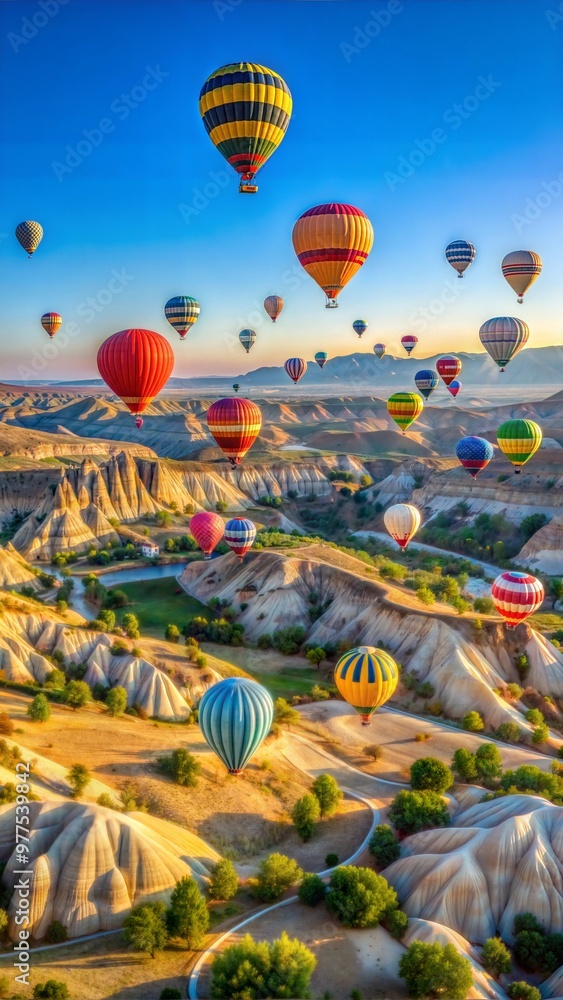Obraz premium Colorful hot air balloons flying over stunning landscapes during sunrise in a breathtaking valley 