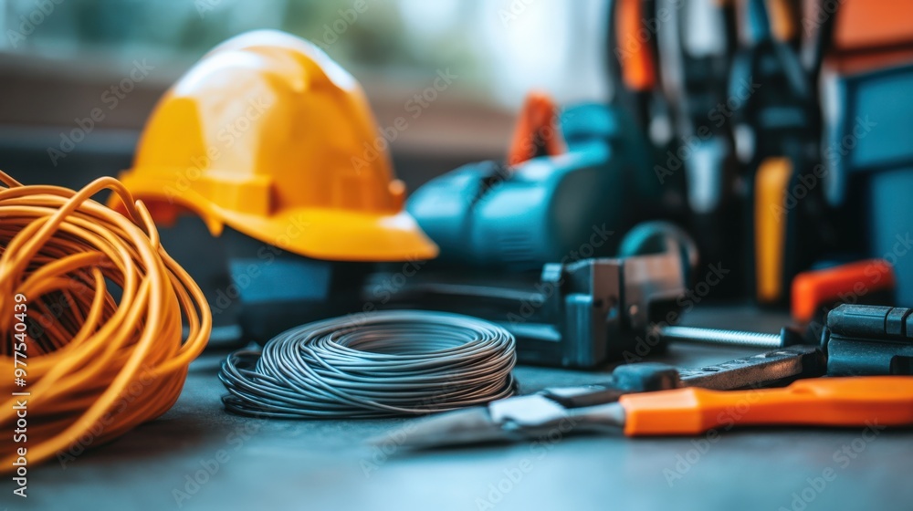 Fototapeta premium Electrician Tools Set. A Coil of Wire and Equipment in Background for Electrical Work