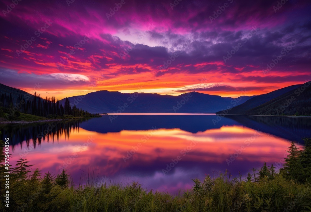 Obraz premium vibrant sunset over tranquil mountain silhouettes rich colors serene landscape, sky, clouds, nature, scenery, horizon, eastern, dusk, light, reflection