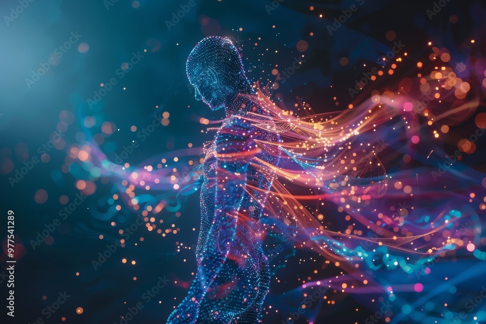 A man is standing in a field of colorful sparks A man is standing in a field of colorful sparks