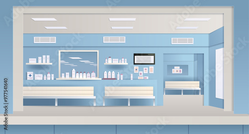 Pharmacy interior modern medicine shelves bottles waiting area benches blue clean design