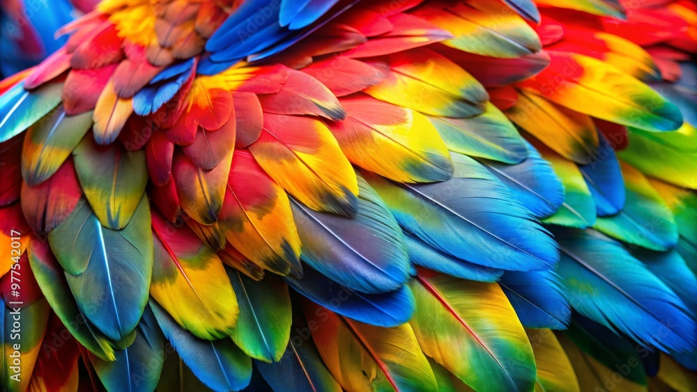 Obraz premium Close-up of vibrant, colorful parrot feathers showcasing a beautiful spectrum of red, yellow, blue, and green shades in stunning detail.