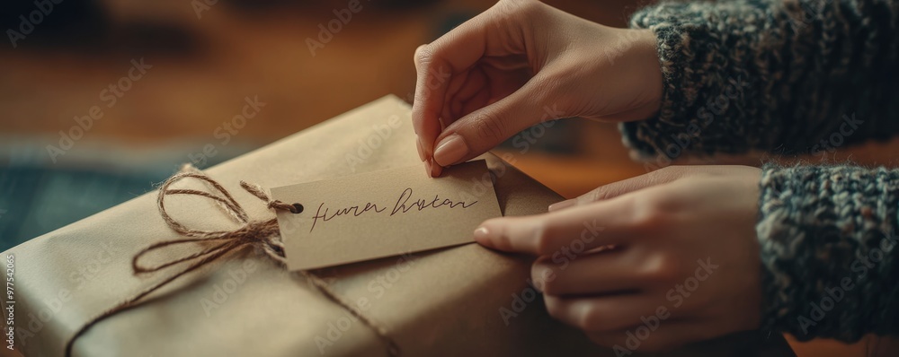 Obraz premium Hand placing a handwritten label on a Christmas gift with festive background lights and decorations.