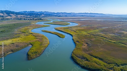 Estuary at Bair Island Marine Park, Aerial View in Redwood City, California
