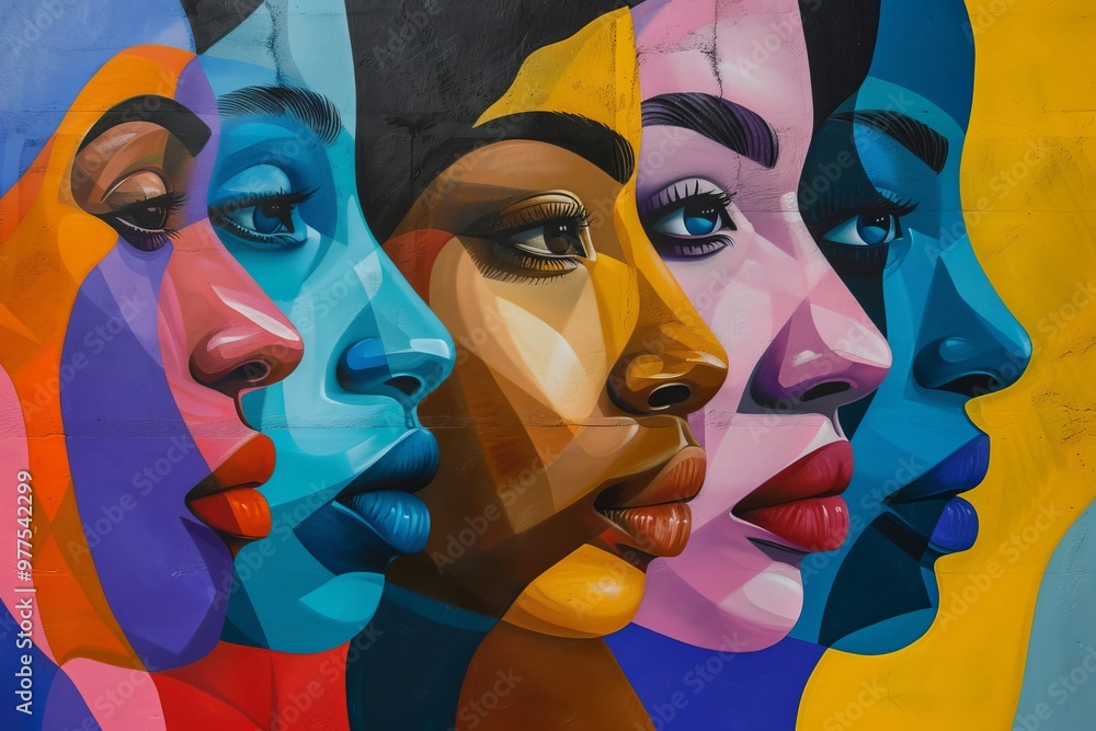 Obraz premium A painting of four women with different colored faces