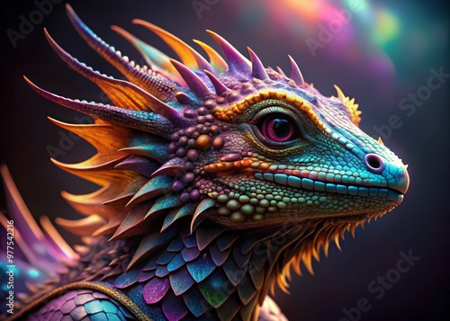 Colorful digital art of a mythical dragon with vibrant scales and detailed features, set against a dark background.