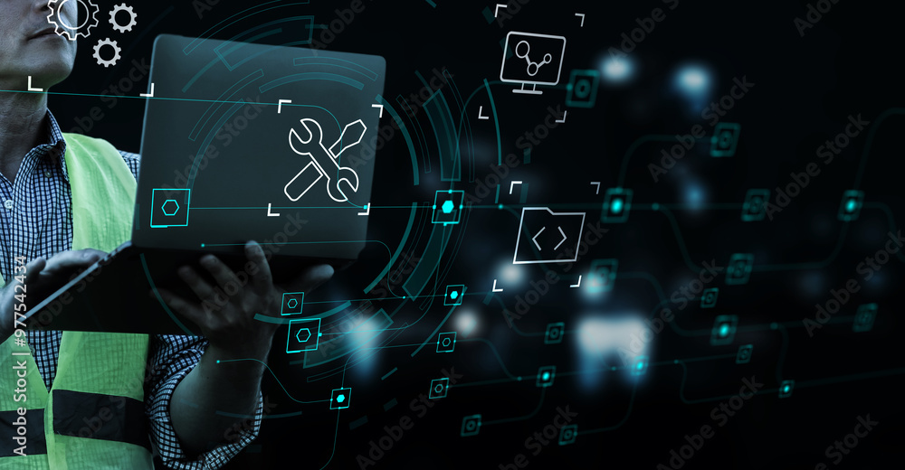 Software engineering using computer laptop designing programming code ...