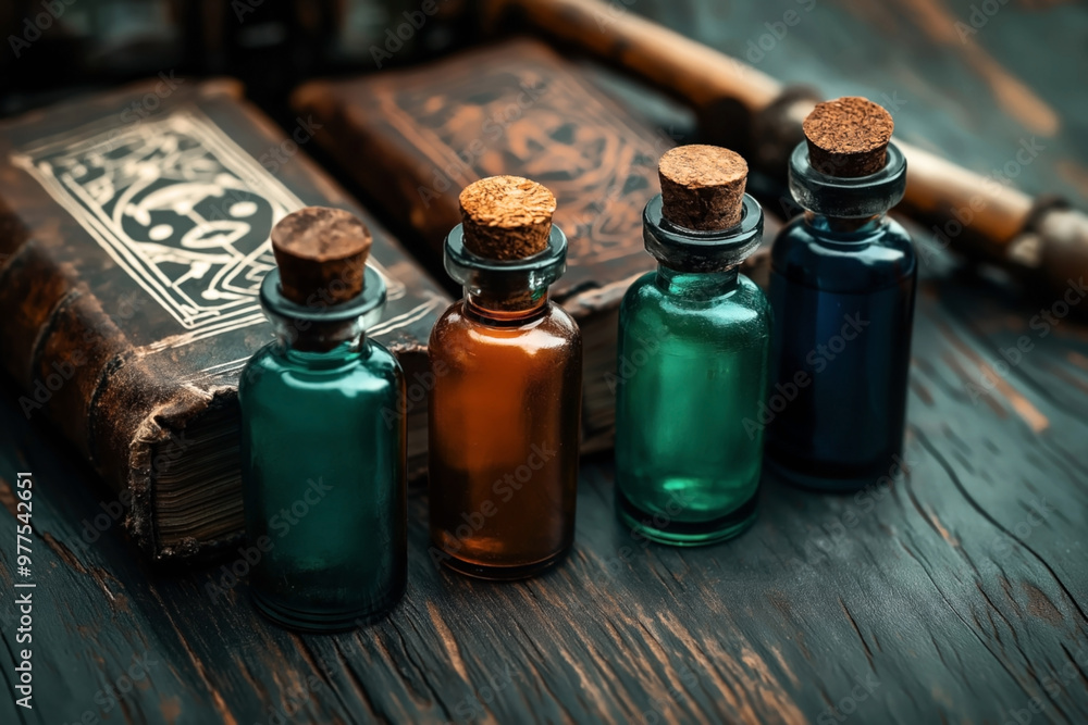 This image features four glass bottles with cork stoppers in varying colors (green, amber, blue) placed on a wooden surface. Behind the bottles are old, worn, leather-bound books. This image features four glass bottles with cork stoppers in varying colors (green, amber, blue) placed on a wooden surface. Behind the bottles are old, worn, leather-bound books.