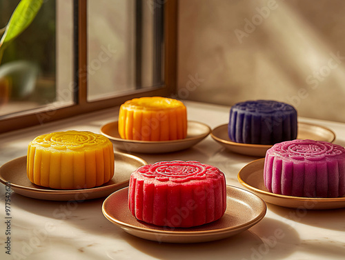 a collection of mooncakea, each adorned with a unique design, presented in a visually appealing arrangement on a wooden surface. photo