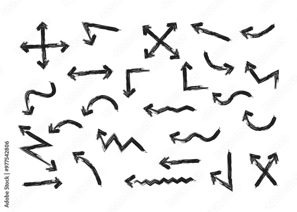 Brush, marker drawn bold arrows set. Collection of hand drawn doodle thick arrows in different directions on white background. Vector illustration. Brush, marker drawn bold arrows set. Collection of hand drawn doodle thick arrows in different directions on white background. Vector illustration.