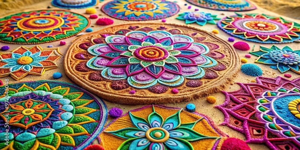 Vibrant and colorful mandala sand art, intricate designs and playful use of colors, perfect for festivals and cultural celebrations. Vibrant and colorful mandala sand art, intricate designs and playful use of colors, perfect for festivals and cultural celebrations.