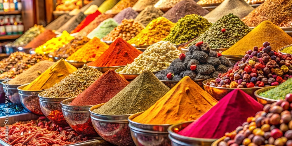 Fototapeta premium Vibrant display of colorful spices and herbs in a market, showcasing a variety of flavors and aromas in beautiful bowls.