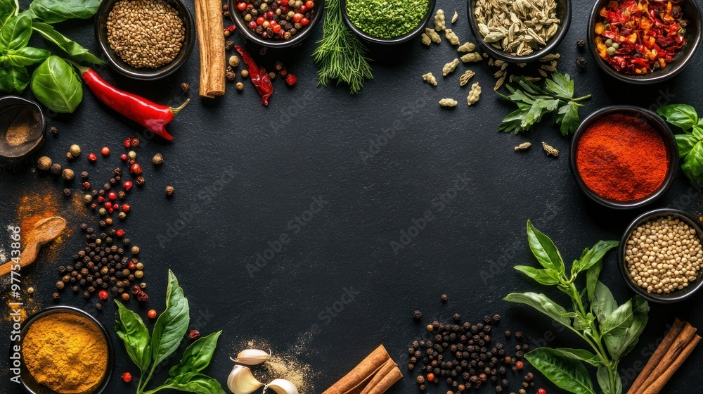 Copy space on a dark slate background, surrounded by assorted Asian spices and herbs. Ideal for showcasing natural, healthy ingredients. Copy space on a dark slate background, surrounded by assorted Asian spices and herbs. Ideal for showcasing natural, healthy ingredients.
