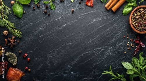 Fototapeta Naklejka Na Ścianę i Meble -  Copy space on a dark slate background, surrounded by assorted Asian spices and herbs. Ideal for showcasing natural, healthy ingredients.
