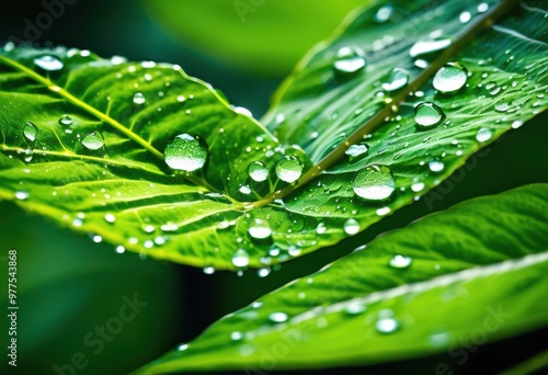 vibrant close shots water laden leaves distinct details showcasing glimmering droplets textures lush greenery, nature, plant, flora, color, freshness photo