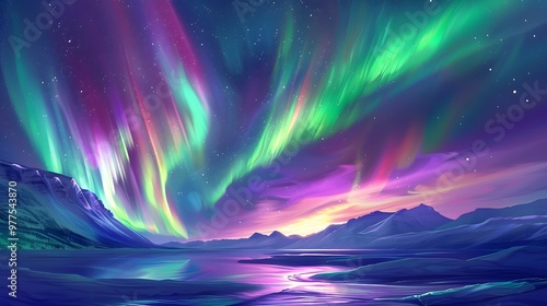 Aurora Borealis: A mesmerizing display of the Northern Lights dancing across the night sky in vibrant greens and purples. 