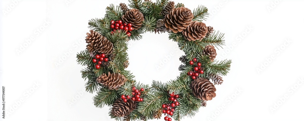 Christmas wreath with pinecones and berries, isolated on white background. Christmas wreath with pinecones and berries, isolated on white background.