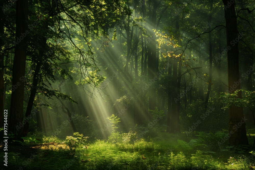 A lush green forest with sunlight streaming through the trees, creating a serene A lush green forest with sunlight streaming through the trees, creating a serene