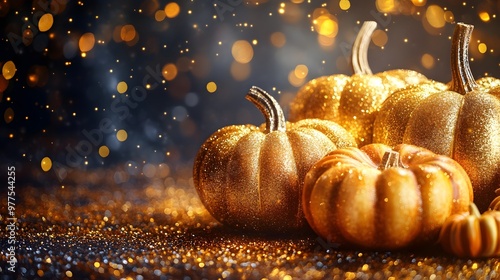 Golden Pumpkins with Glitter and Bokeh Lights