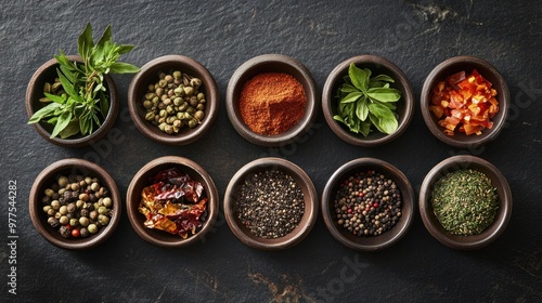 Fresh organic Asian spices and ingredients placed neatly in ceramic bowls, arranged on a dark slate background, ready for gourmet cooking. photo