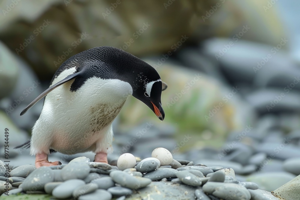 Fototapeta premium A penguin building a nest out of pebbles, its movements precise and methodical as it creates a safe haven for its eggs