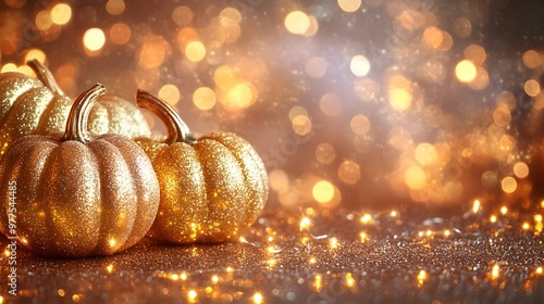 Golden Pumpkins with Sparkling Lights Festive Background