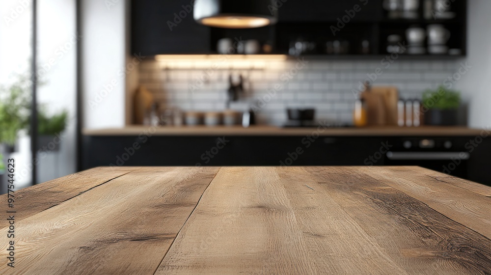 Wooden kitchen table with a sleek, modern interior in the background. The table is ready for product display, with a warm natural wood texture that contrasts against the clean kitchen design. Wooden kitchen table with a sleek, modern interior in the background. The table is ready for product display, with a warm natural wood texture that contrasts against the clean kitchen design.
