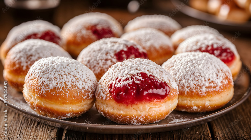 Traditional sufganiyot donuts with powdered sugar for Hanukkah Traditional sufganiyot donuts with powdered sugar for Hanukkah