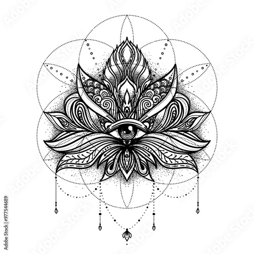 Lotus flower tattoo design over Seed of Life sacred geometry symbol. Ancient ...