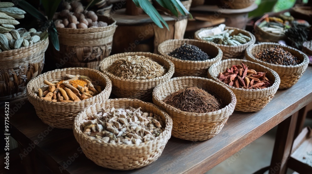 Fototapeta premium Organic, wild-harvested Asian spices displayed in woven baskets on a wooden table, showcasing the connection to nature and traditional harvesting methods.