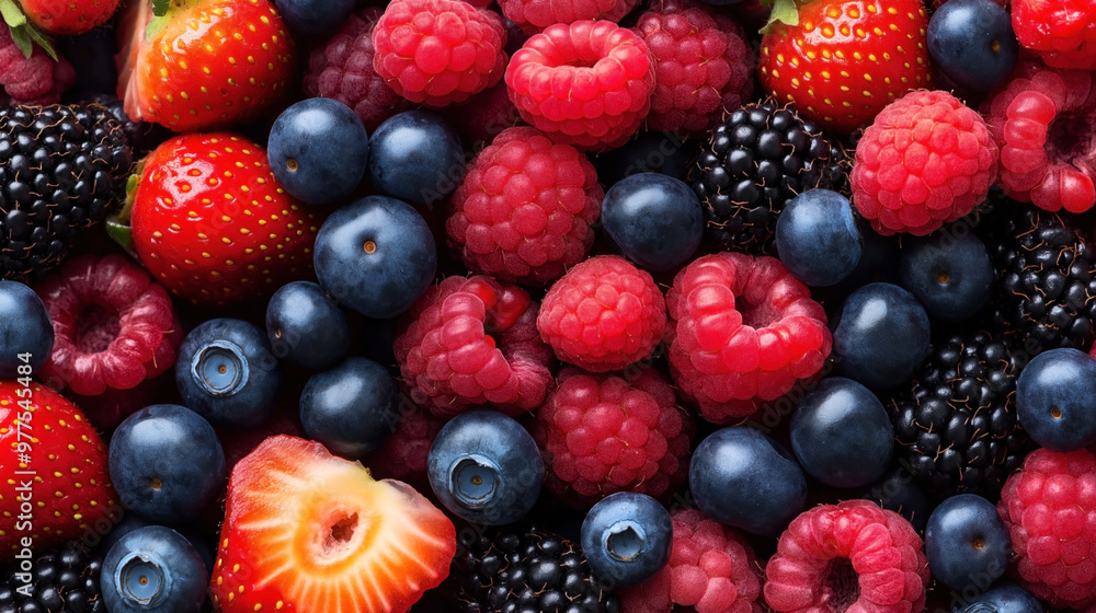 Φωτογραφία Close-up of a variety of fresh berries, including strawberries, blueberries, raspberries, and blackberries, showcasing vibrant colors and textures