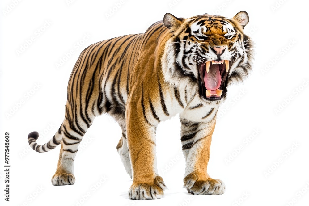 Obraz premium A portrait of a Bengal tiger looking at the camera isolated on a clean png background. Hunter in the forest, wildlife concept.