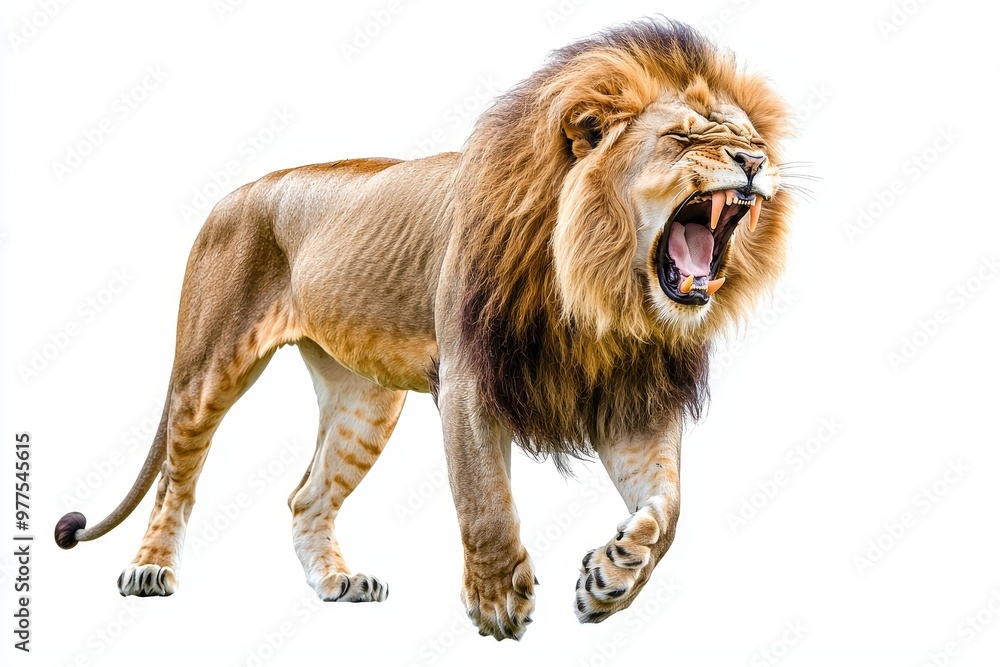 Obraz premium Isolated portrait of african lion leo looking at camera on a clean png background, king hunter in the savanna, wildlife concept