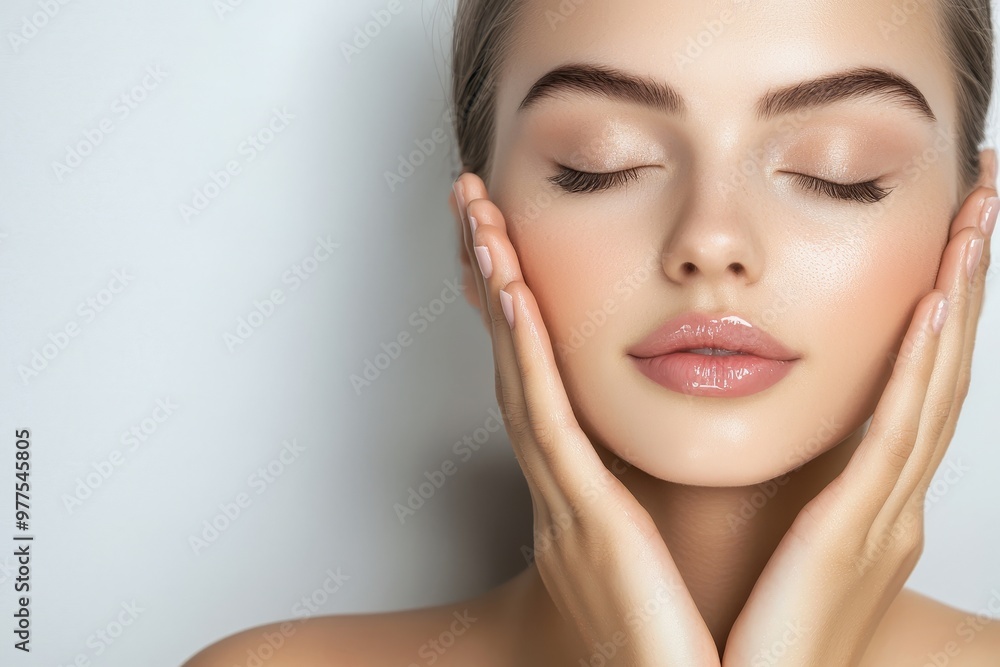 Pretty woman for face wash product model, with hand on her face, fresh face, beautiful, glowing, healthy skin, Stock Image Pretty woman for face wash product model, with hand on her face, fresh face, beautiful, glowing, healthy skin, Stock Image