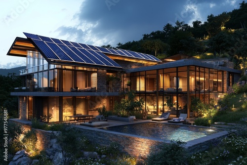 With generative AI, a modern house in the countryside with solar panels on its roof. Luxury villa featuring a terrace and swimming pool.