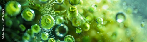 A close up of a green plant with many small bubbles on it