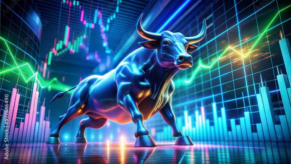 Obraz premium Powerful bull statue with vibrant financial graph background, symbolizing market strength and bullish trends 
