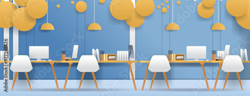 Modern office workspace with desks computers chairs blue walls yellow hanging lamps paper cut style