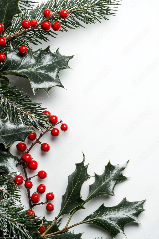 Poinsettias in a frame, branch of the Christmas tree.