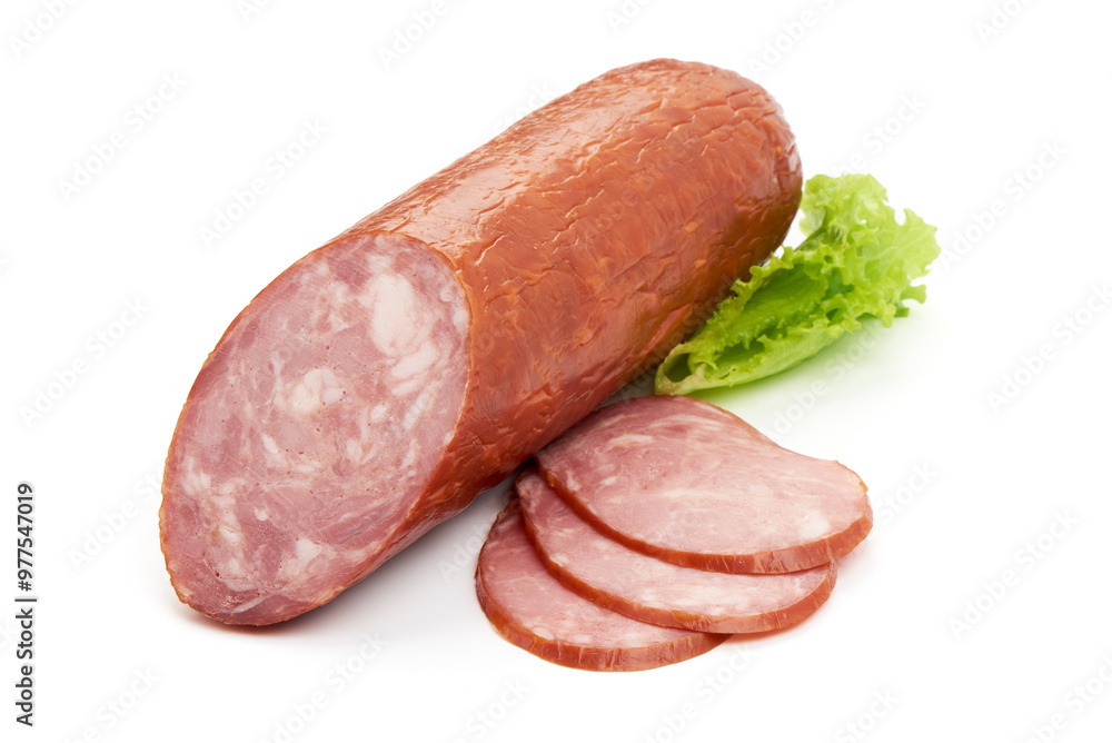 Smoked Ham Sausage, isolated on a white background Smoked Ham Sausage, isolated on a white background