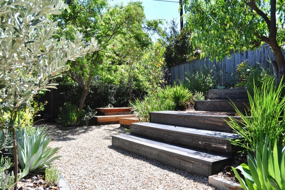 Stylish outdoor seating made of concrete and wood in a garden Stylish outdoor seating made of concrete and wood in a garden